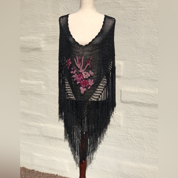 bebe Other - Bebe Vintage 90s Black Crocheted Poncho. Pink/Fuchsia Embroidered Flowers. OSFM